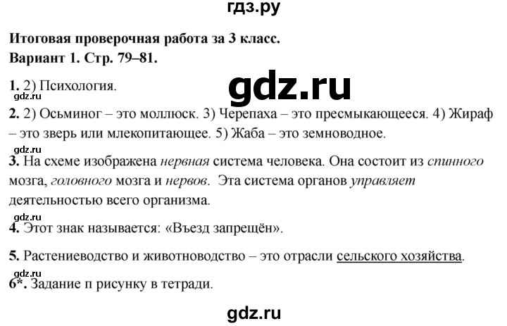 ГДЗ по окружающему миру 3 класс Плешаков проверочные  работы  итоговая проверочная работа за 3 класс - Вариант 1, Решебник 2023
