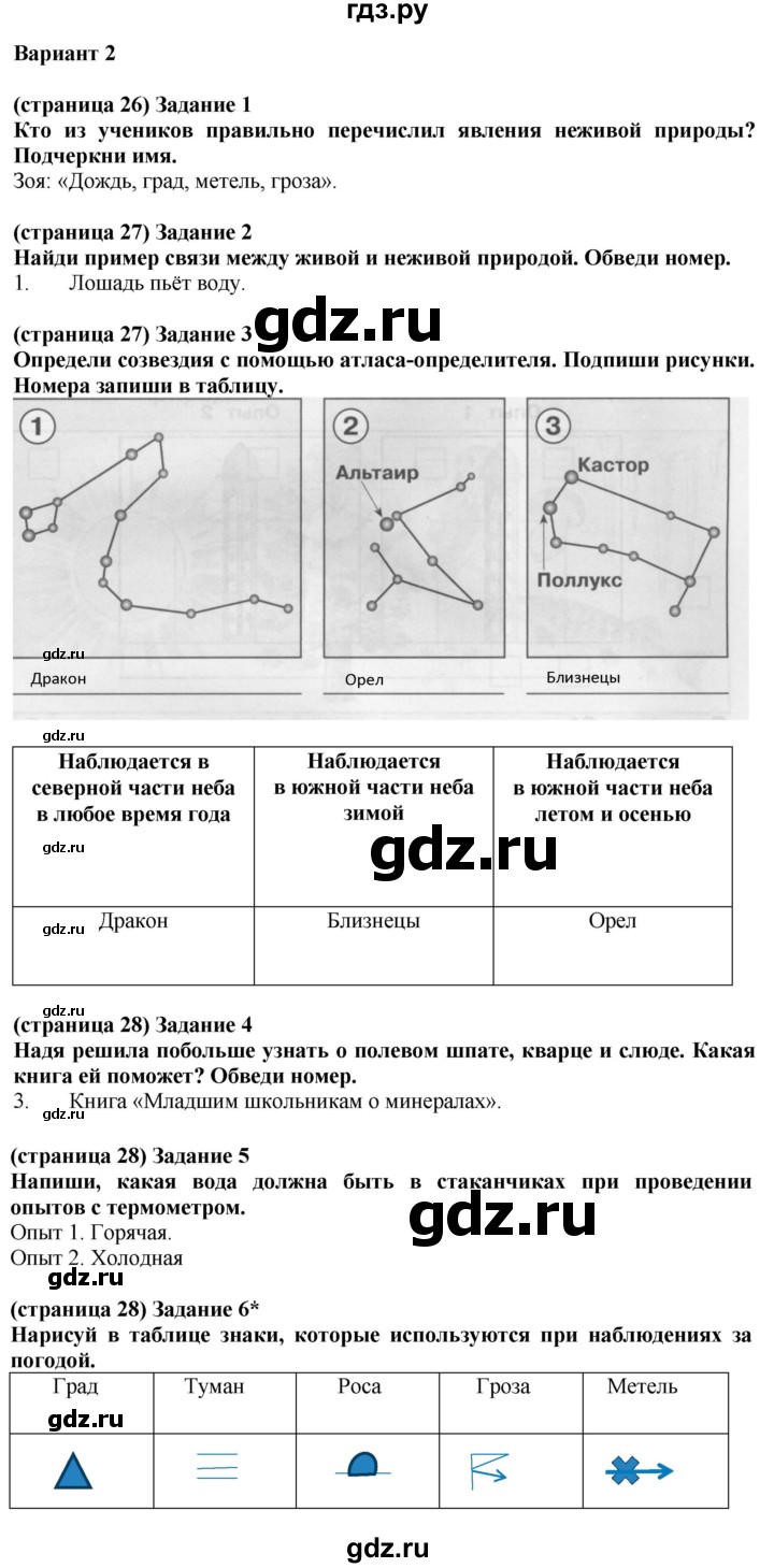 ГДЗ по окружающему миру 2 класс Плешаков проверочные работы  природа - Вариант 2, Решебник 2018