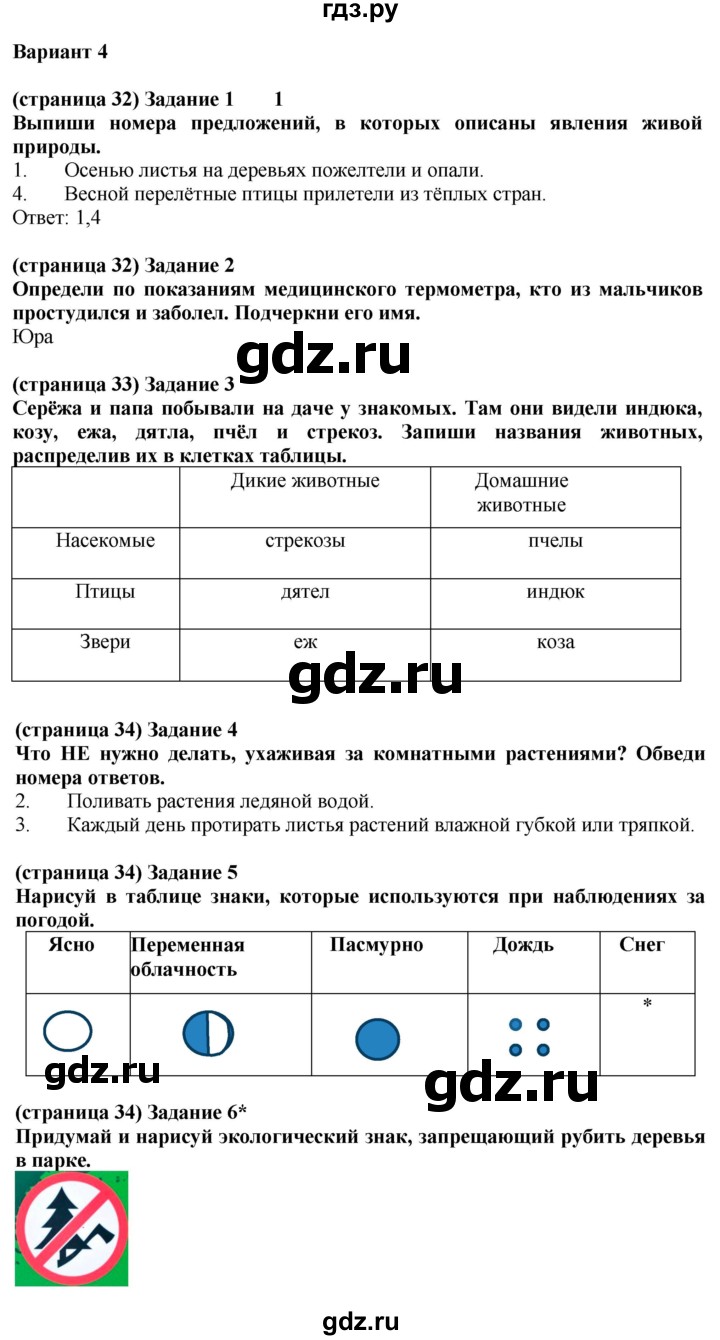ГДЗ по окружающему миру 2 класс Плешаков проверочные работы  природа - Вариант 4, Решебник 2018