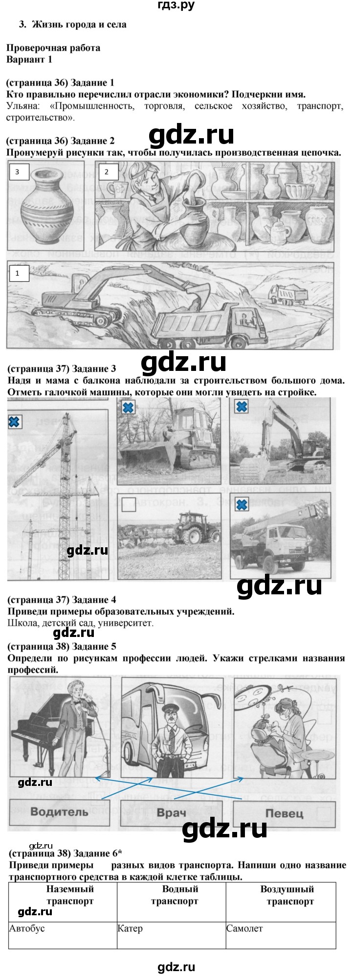 ГДЗ по окружающему миру 2 класс Плешаков проверочные работы  жизнь города и села - Вариант 1, Решебник 2018