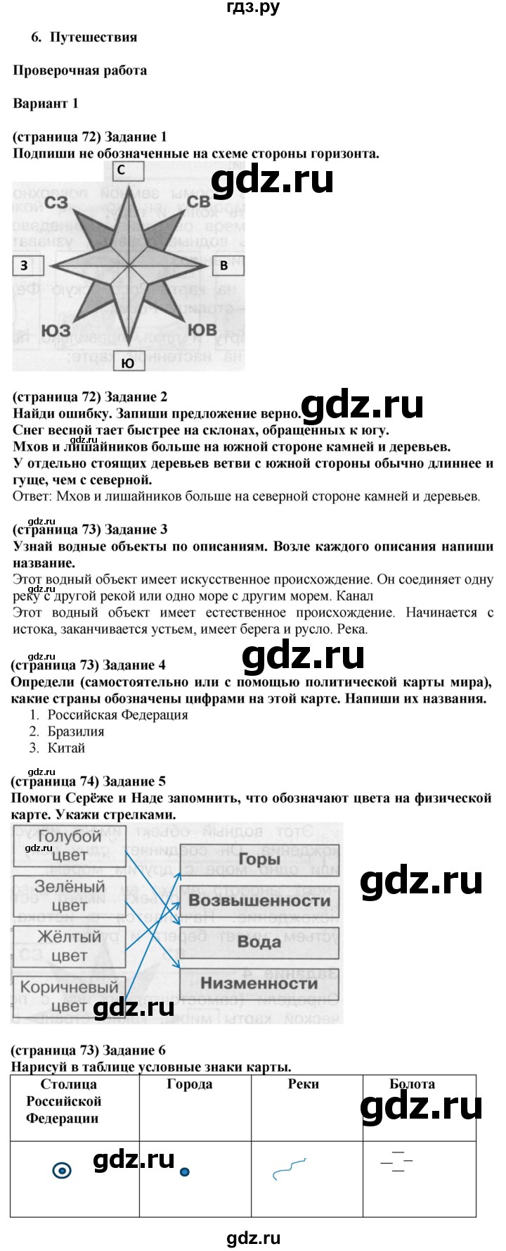 ГДЗ по окружающему миру 2 класс Плешаков проверочные работы  путешествия - Вариант 1, Решебник 2018