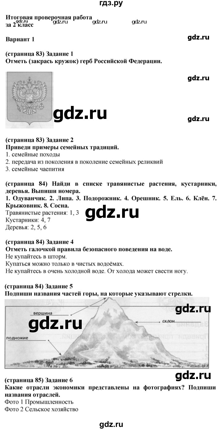 ГДЗ по окружающему миру 2 класс Плешаков проверочные работы  итоговая проверочная работа за 2 класс - Вариант 1, Решебник 2018