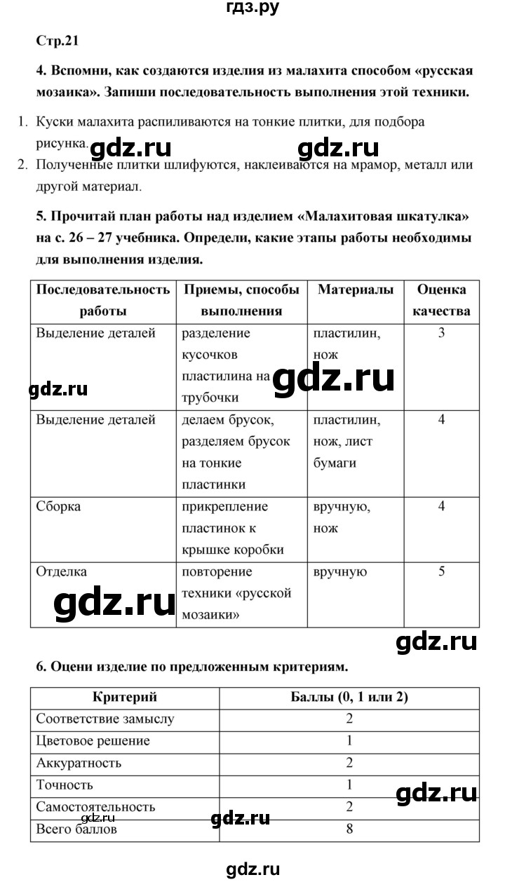 ГДЗ по технологии 4 класс Роговцева рабочая тетрадь  страница - 21, Решебник (2019)