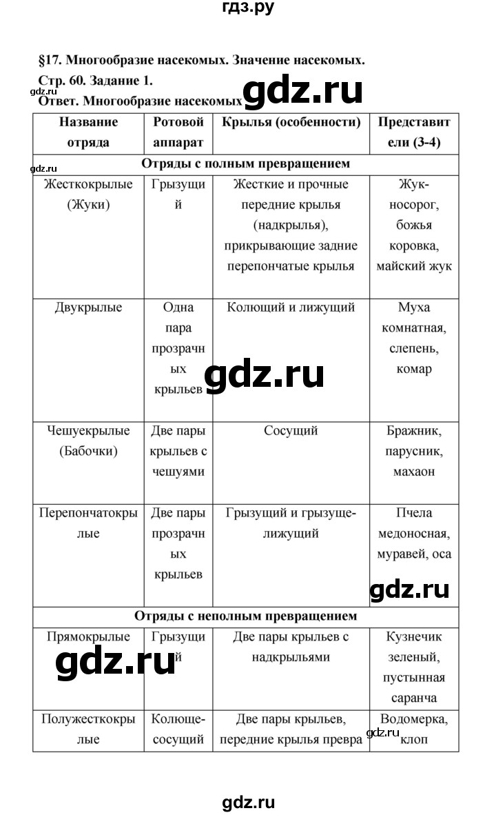 ГДЗ параграф 17 (страница) 60 биология 7 класс рабочая тетрадь  Чередниченко, Сивоглазов