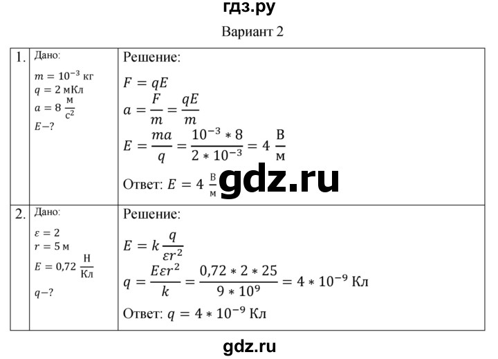 ГДЗ по физике 10 класс Ерюткин самостоятельные и контрольные работы (Мякишев) Базовый и углубленный уровень электродинамика / электростатика / СР-2. вариант - 2, Решебник