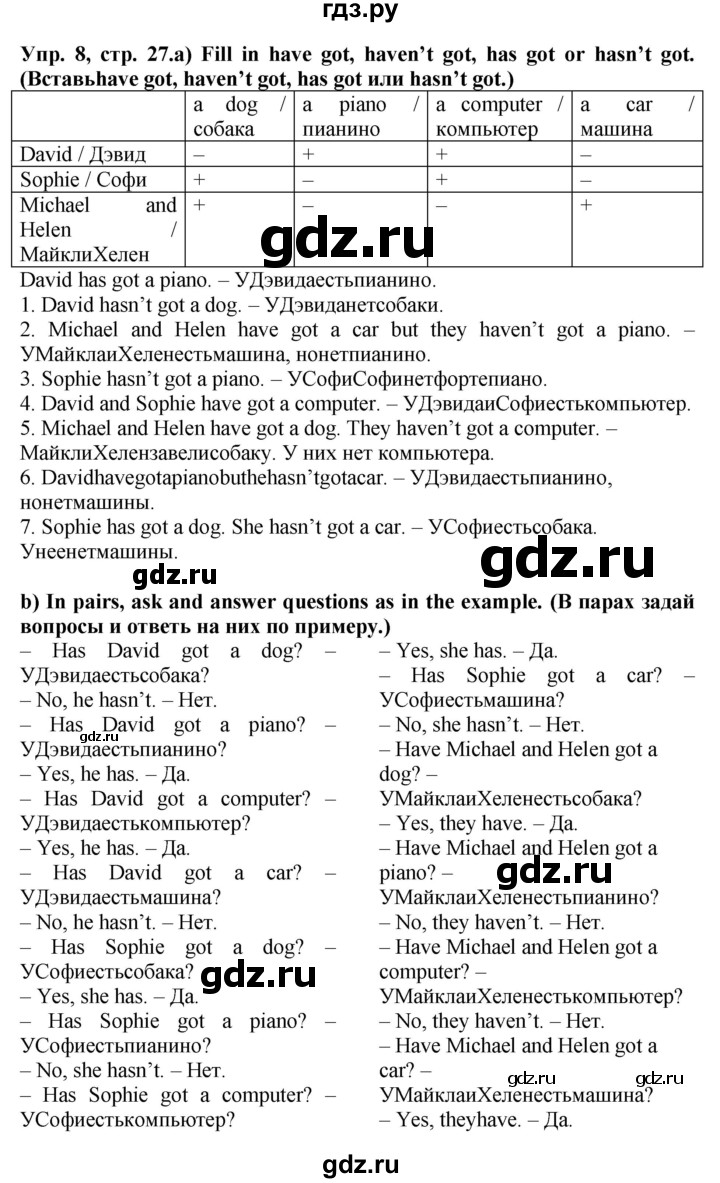 ГДЗ страница 27 английский язык 5 класс грамматический тренажёр Тимофеева