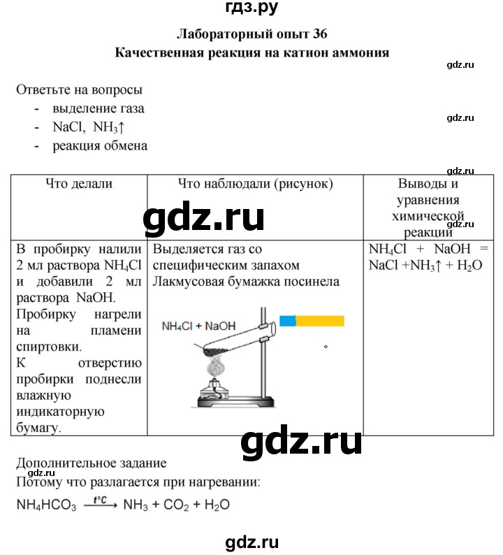 ГДЗ по химии 9 класс Габриелян тетрадь для лабораторных и практических работ  лабораторная работа - 36, Решебник