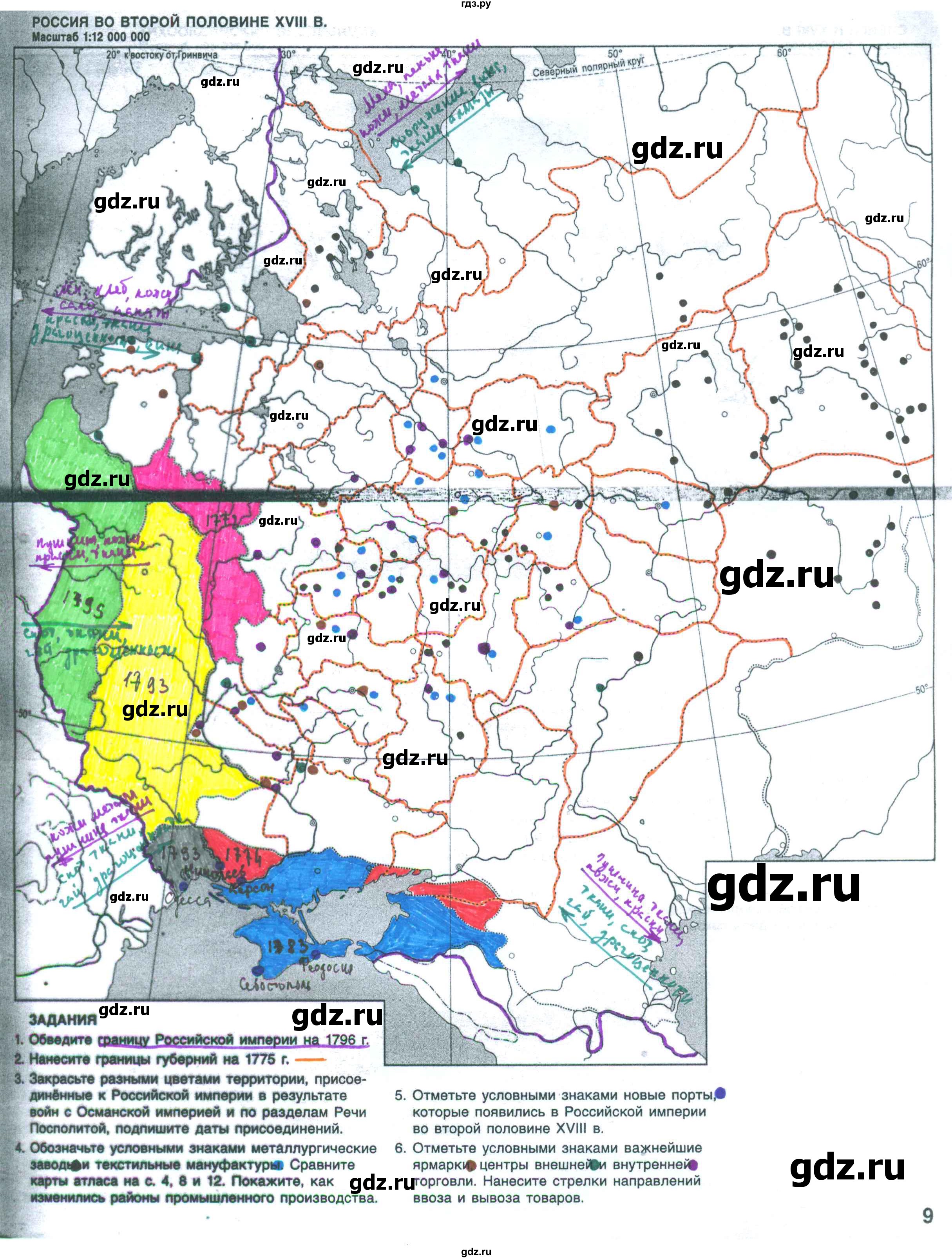 ГДЗ страница 9 история 8 класс контурные карты (История России) Хитров