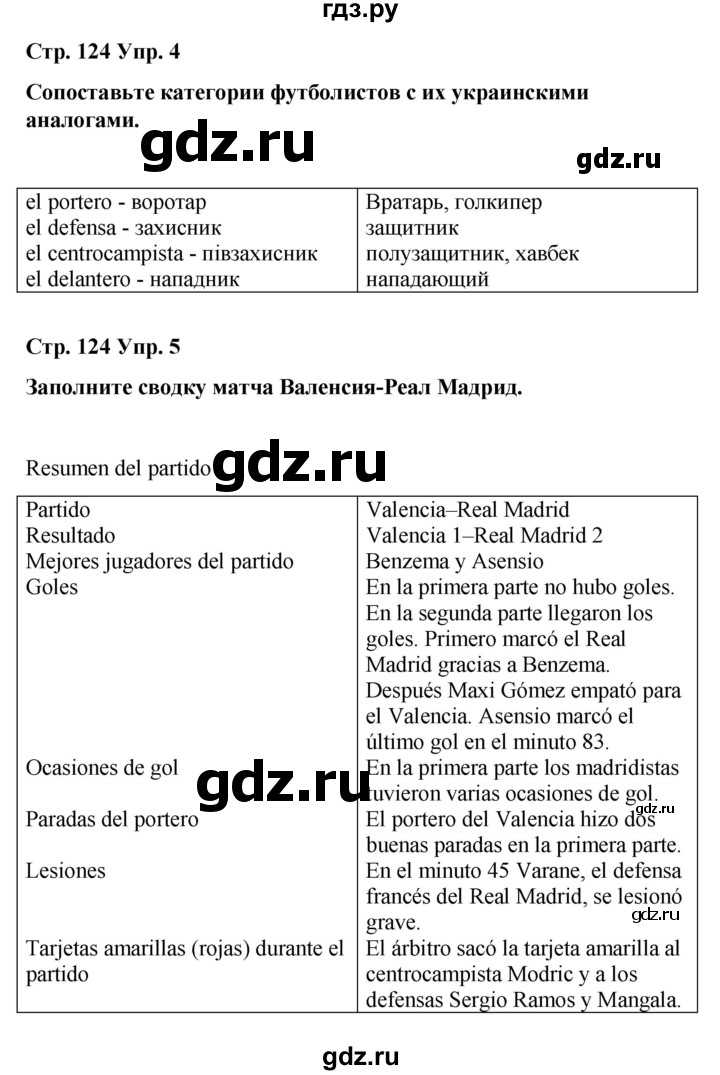 ГДЗ по испанскому языку 8 класс Редько   страница - 124, Решебник