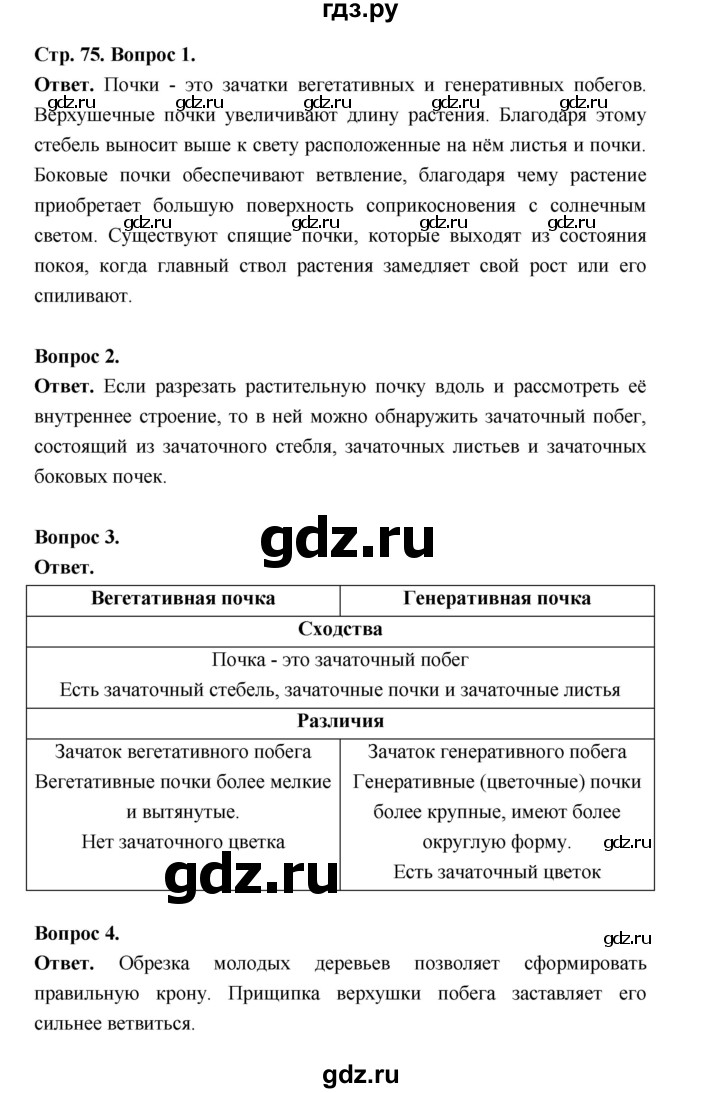 ГДЗ по биологии 6 класс  Пономарева  Базовый уровень параграф 11 (страница) - 75, Решебник