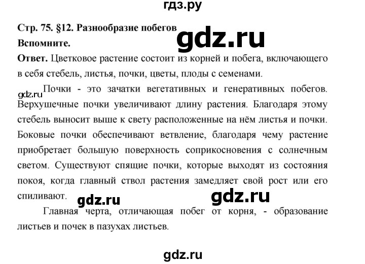 ГДЗ по биологии 6 класс  Пономарева  Базовый уровень параграф 12 (страница) - 75, Решебник