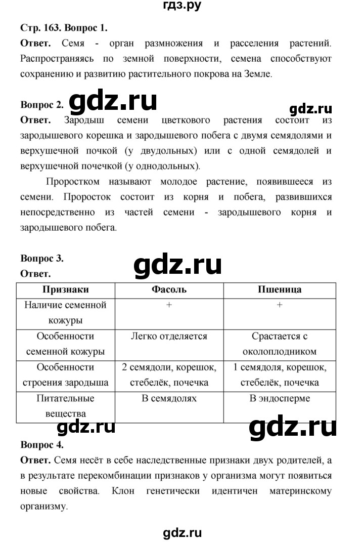 ГДЗ по биологии 6 класс  Пономарева  Базовый уровень параграф 25 (страница) - 163, Решебник