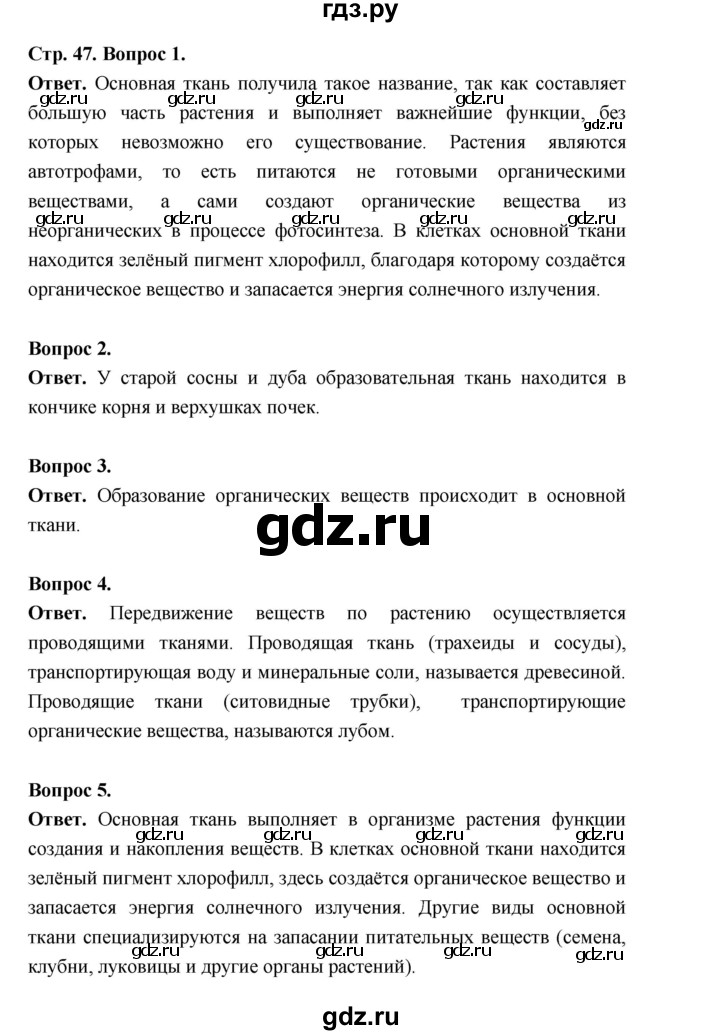 ГДЗ по биологии 6 класс  Пономарева  Базовый уровень параграф 7 (страница) - 47, Решебник