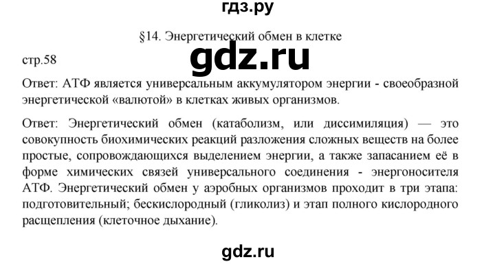 ГДЗ по биологии 10‐11 класс Агафонова  Базовый уровень §14 - 58, Решебник